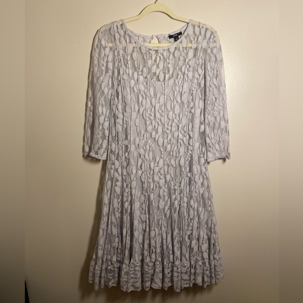 MSK Light Gray Lace Long Sleeve Dress with Pleats Size 8 EUC